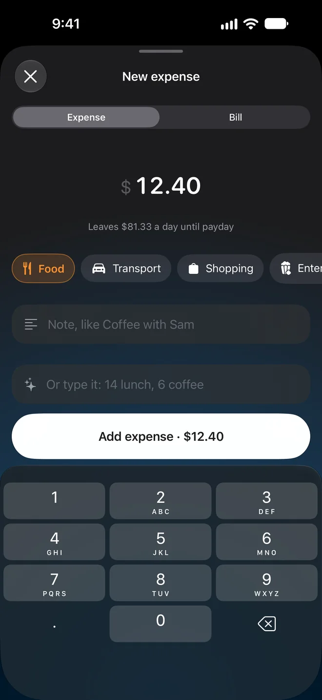 New expense screen with $12.40, category chips and a keypad
