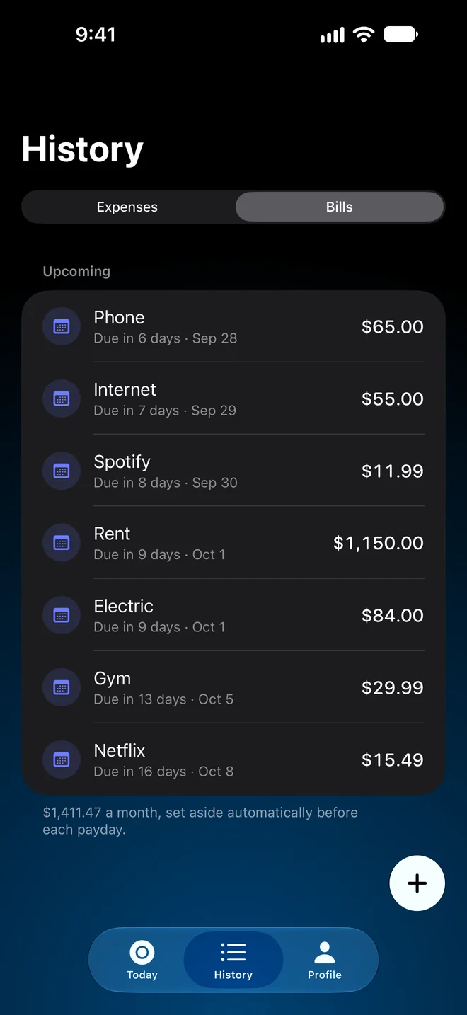 Upcoming bills: phone, internet, Spotify, rent, electric, gym, Netflix