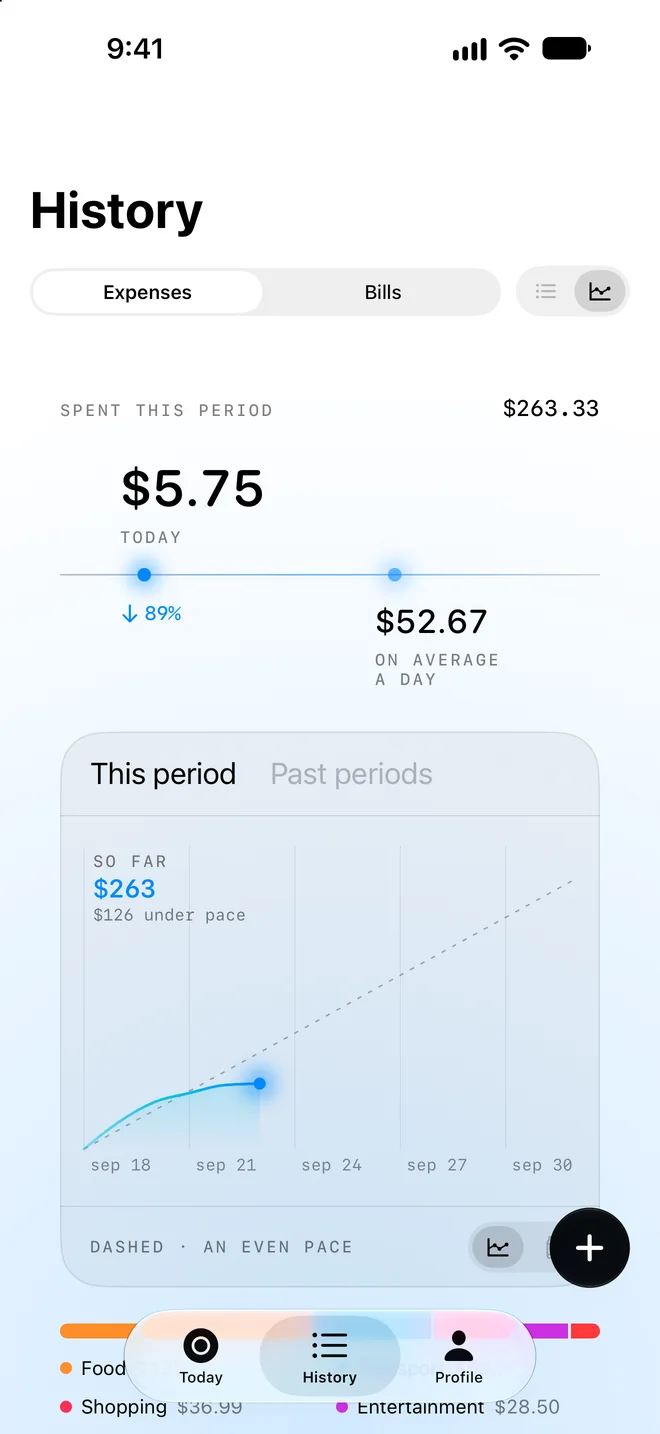 History with spending this period and a pace chart
