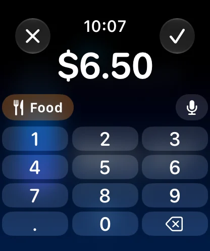 Apple Watch keypad logging a $6.50 food expense