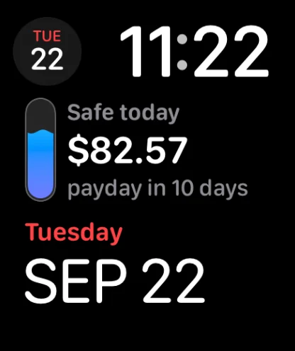 Watch face complication showing $82.57 safe today