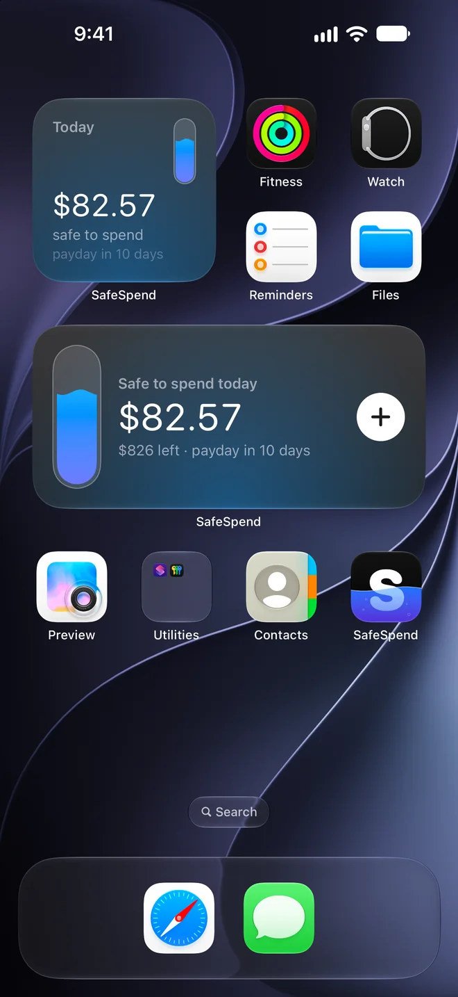 Home Screen widgets showing $82.57 safe to spend